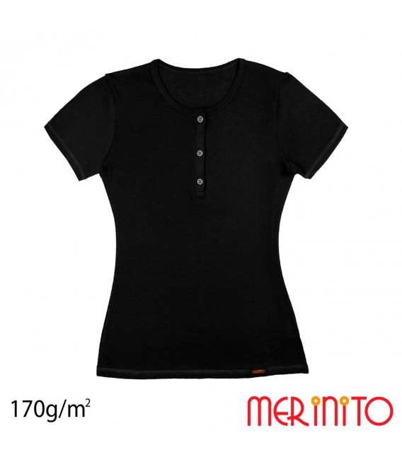 Tricou dama lana merinos maneca scurta (nasturi scoica neagra)